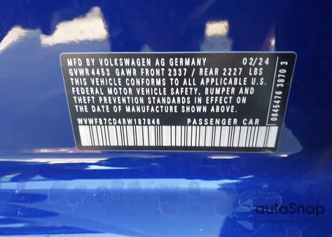 2024 Volkswagen Golf R 2.0T из США, поврежденный, VIN WVWFB7CD4RW187846